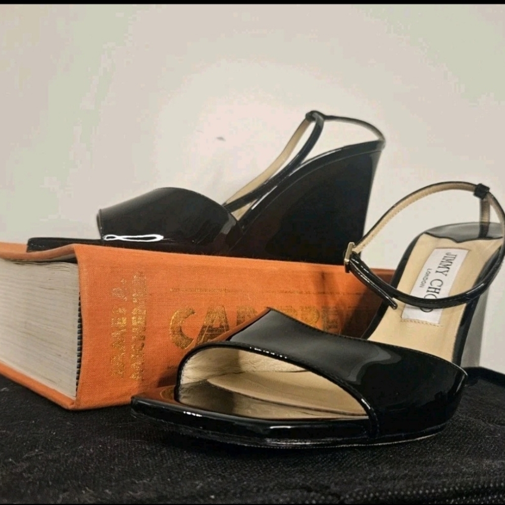 Jimmy Choo Size 38 EU 8US Brien 85 Black Patent Leather Wedge Sandals - Picture 2 of 9